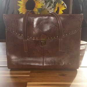 Patricia Nash Brown Map-Embossed Leather Shoulder Tote with Stud Detail
